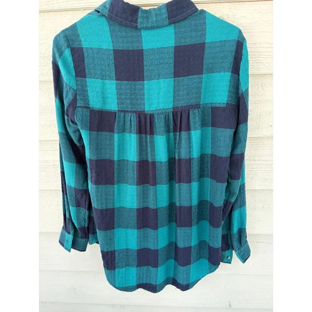 Beachlunchlounge Teal Navy Buffalo Plaid Button Down Shirt XS Lightweight Flanne - Picture 6 of 6